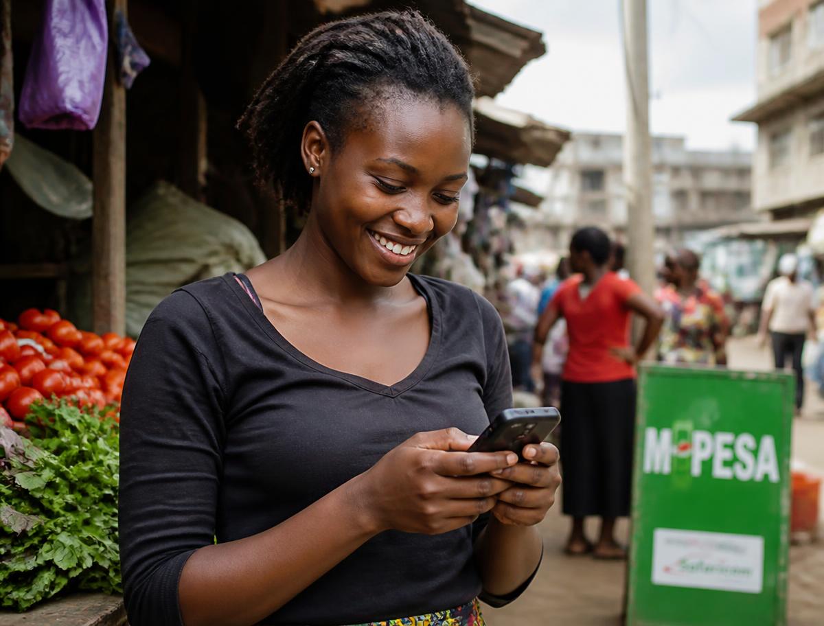 A woman sending money with M-Pesa at a Kenyan market